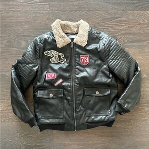 Black Faux Leather Jacket with Patches